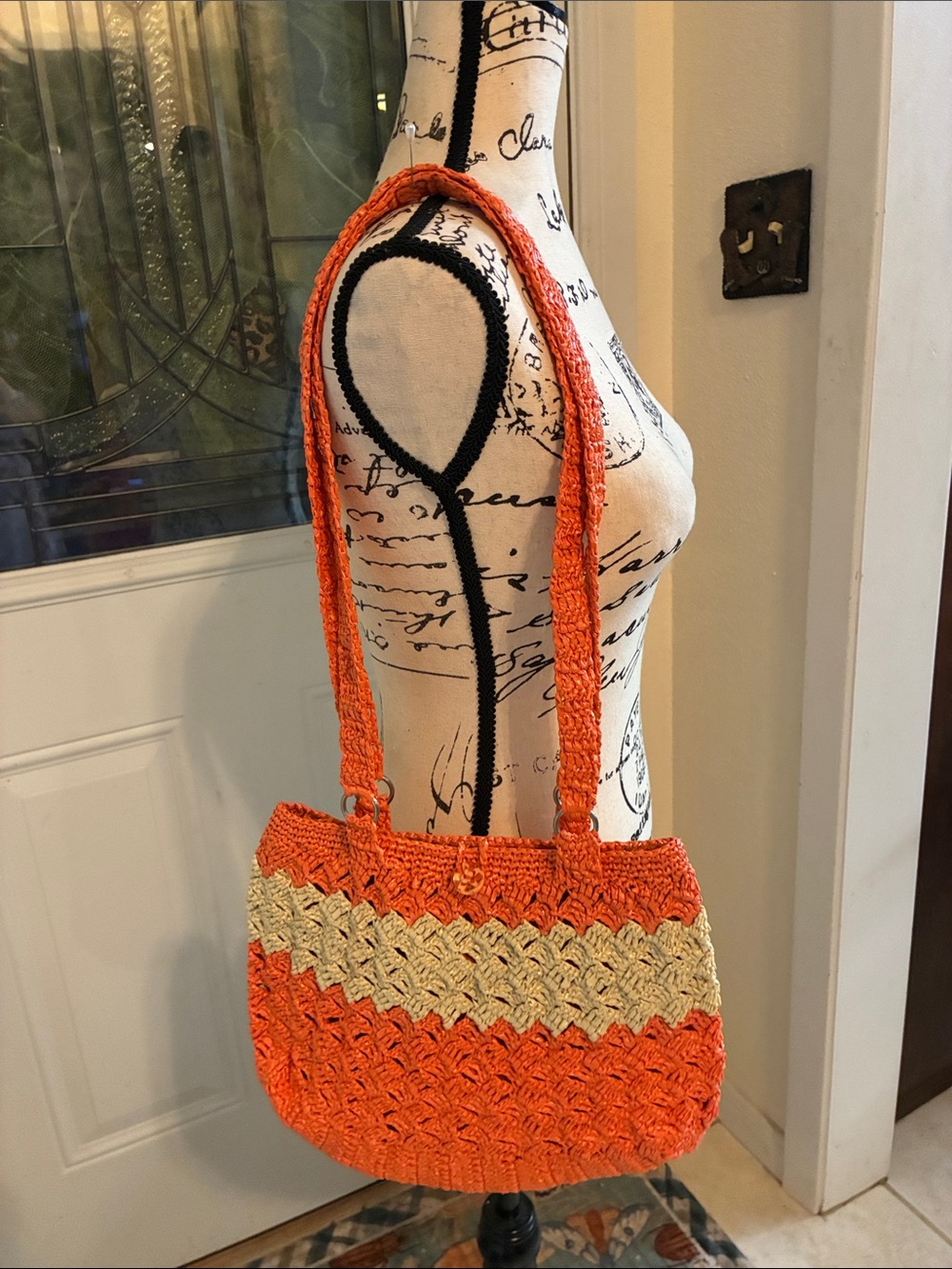 Handcrafted Orange Shoulder Bag with Cream Stripe